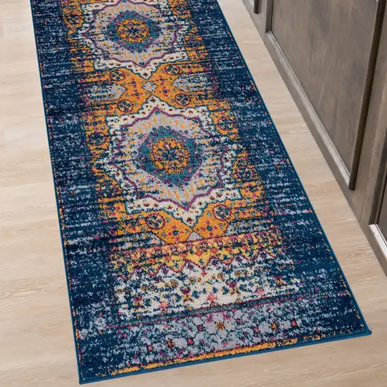 6' Blue and Orange Medallion Power Loom Runner Rug Photo 5