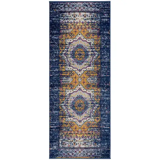 6' Blue and Orange Medallion Power Loom Runner Rug Photo 1