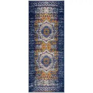 Photo of 6' Blue and Orange Medallion Power Loom Runner Rug