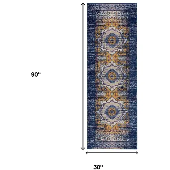 7' Blue and Orange Medallion Power Loom Runner Rug Photo 6