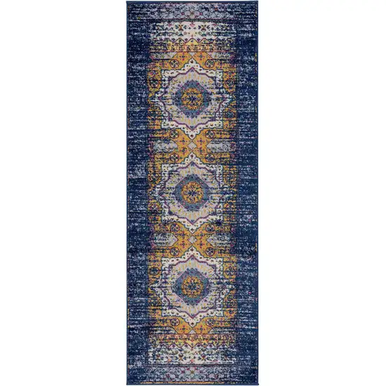 7' Blue and Orange Medallion Power Loom Runner Rug Photo 1