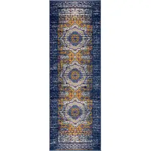 Photo of 7' Blue and Orange Medallion Power Loom Runner Rug