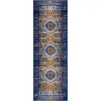 Photo of 7' Blue and Orange Medallion Power Loom Runner Rug