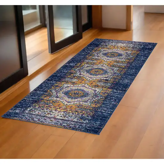 7' Blue and Orange Medallion Power Loom Runner Rug Photo 1