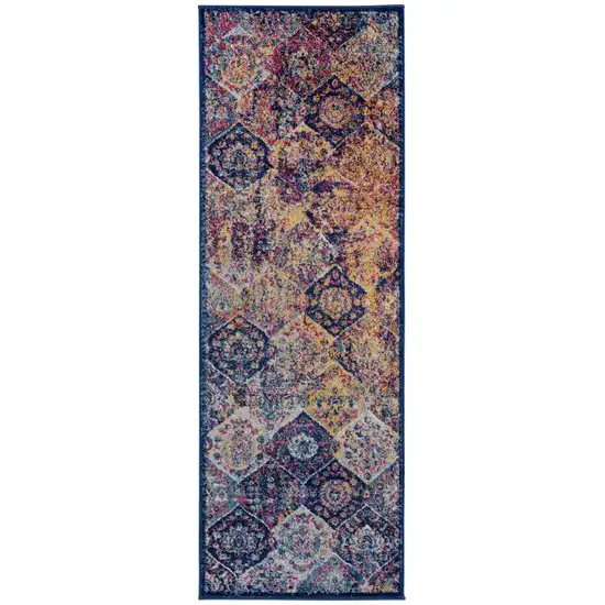 7' Blue and Orange Moroccan Power Loom Runner Rug Photo 1