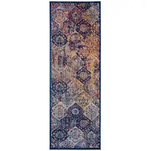 Photo of 7' Blue and Orange Moroccan Power Loom Runner Rug