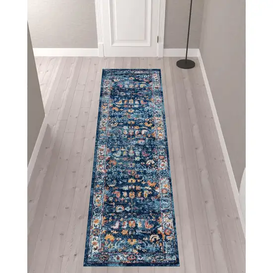 10' Blue and Orange Oriental Power Loom Runner Rug Photo 3