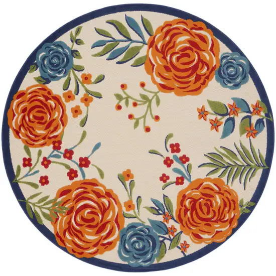 8' Ivory Orange and Blue Round Floral Indoor Outdoor Area Rug Photo 5