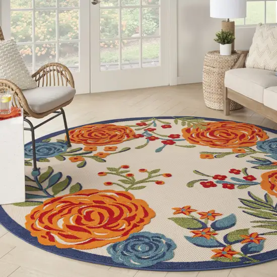 8' Blue and Orange Round Floral Power Loom Area Rug Photo 7