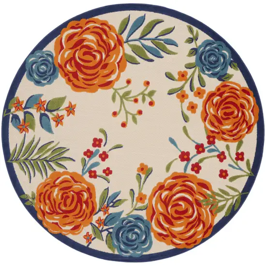 8' Blue and Orange Round Floral Power Loom Area Rug Photo 1