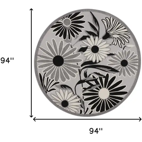 8' Black and White Round Floral Indoor Outdoor Area Rug Photo 3