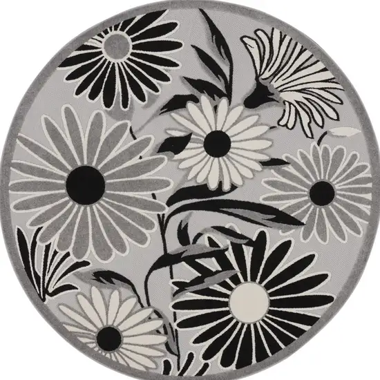 8' Black and White Round Floral Indoor Outdoor Area Rug Photo 6