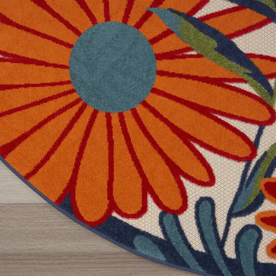 8' Blue and Orange Round Floral Power Loom Area Rug Photo 3