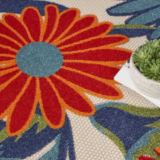 8' Blue and Orange Round Floral Power Loom Area Rug Photo 5