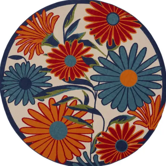 8' Blue and Orange Round Floral Power Loom Area Rug Photo 7