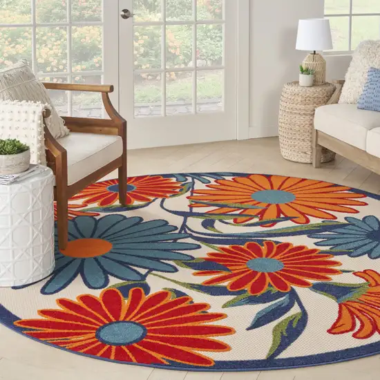 8' Blue and Orange Round Floral Power Loom Area Rug Photo 8