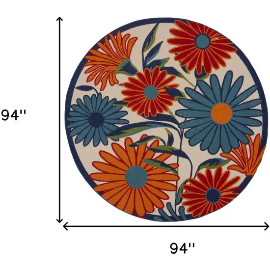 8' Ivory Orange and Blue Round Floral Indoor Outdoor Area Rug Photo 3