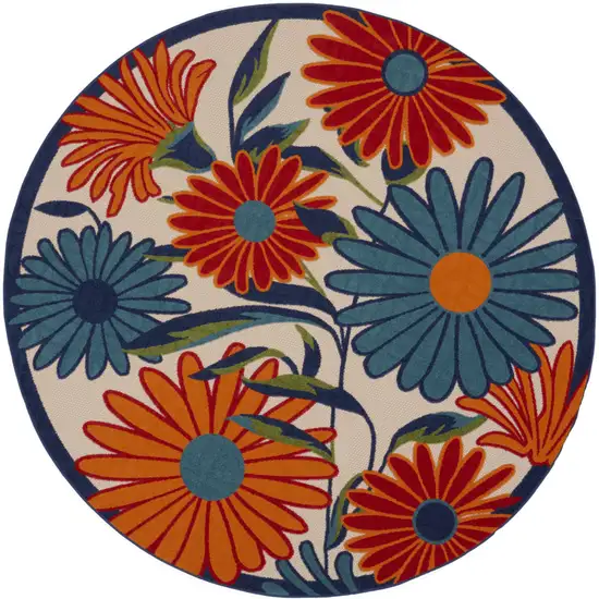 8' Blue and Orange Round Floral Power Loom Area Rug Photo 1