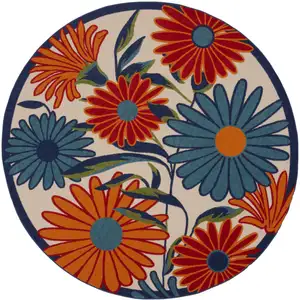 Photo of 8' Blue and Orange Round Floral Power Loom Area Rug