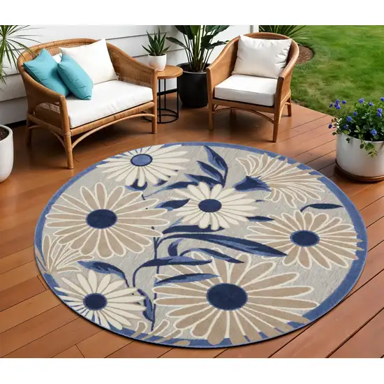 8' Blue and Gray Round Floral Indoor Outdoor Area Rug Photo 1