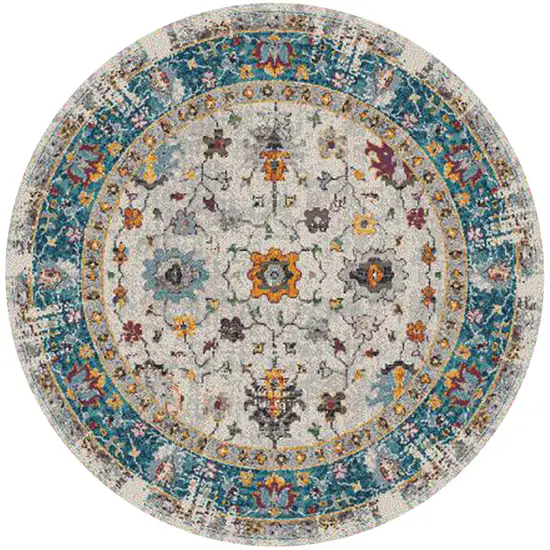 7' Blue and Orange Round Floral Power Loom Area Rug Photo 1