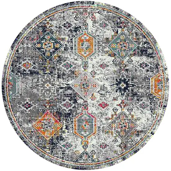 7' Blue and Orange Round Geometric Power Loom Area Rug Photo 1