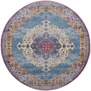 Photo of 6' Blue and Orange Round Medallion Power Loom Area Rug