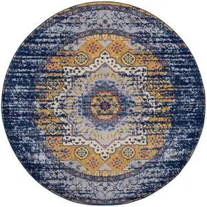 Photo of 6' Blue and Orange Round Medallion Power Loom Area Rug