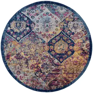 Photo of 6' Blue and Orange Round Moroccan Power Loom Area Rug