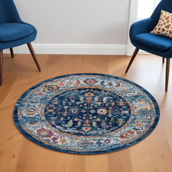 6' Blue Rust and Orange Oriental Power Loom Round Rug Photo 1