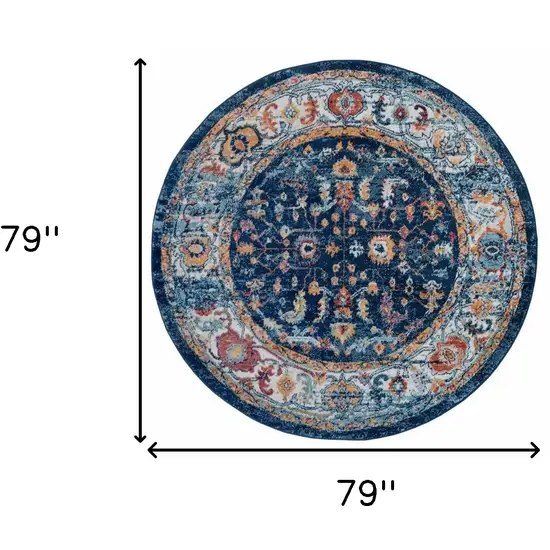 6' Blue and Orange Round Oriental Power Loom Area Rug Photo 6