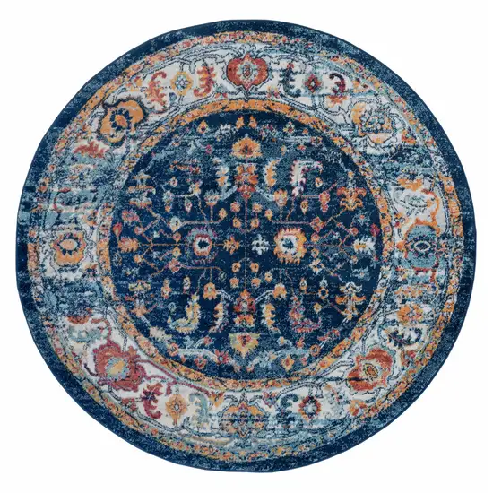 6' Blue and Orange Round Oriental Power Loom Area Rug Photo 1