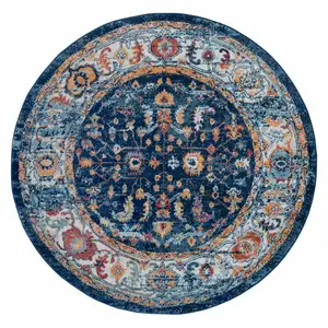 Photo of 6' Blue and Orange Round Oriental Power Loom Area Rug