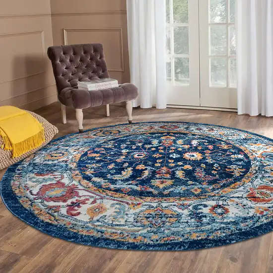 6' Blue and Orange Round Oriental Power Loom Area Rug Photo 5