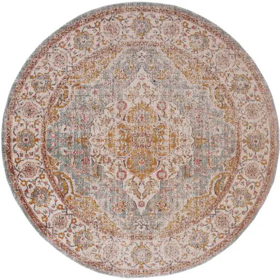 6' Blue and Orange Round Oriental Power Loom Distressed Area Rug Photo 1