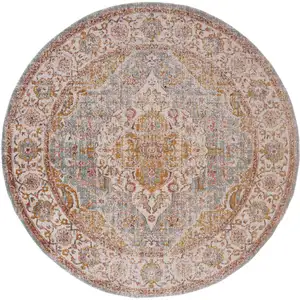 Photo of 6' Blue and Orange Round Oriental Power Loom Distressed Area Rug