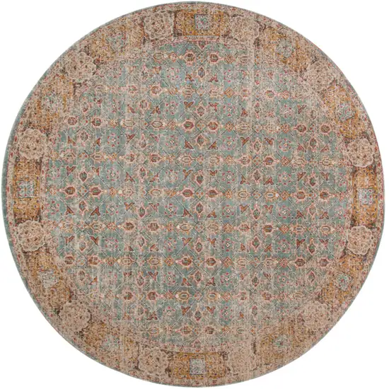 6' Blue and Orange Round Oriental Power Loom Distressed Area Rug Photo 1