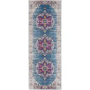 Photo of 7' Blue and Pink Medallion Power Loom Runner Rug