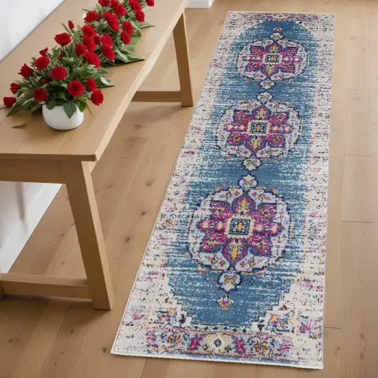 7' Blue and Pink Medallion Power Loom Runner Rug Photo 1