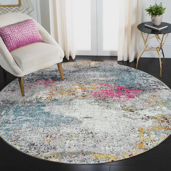 7' Blue and Pink Round Abstract Power Loom Area Rug Photo 6