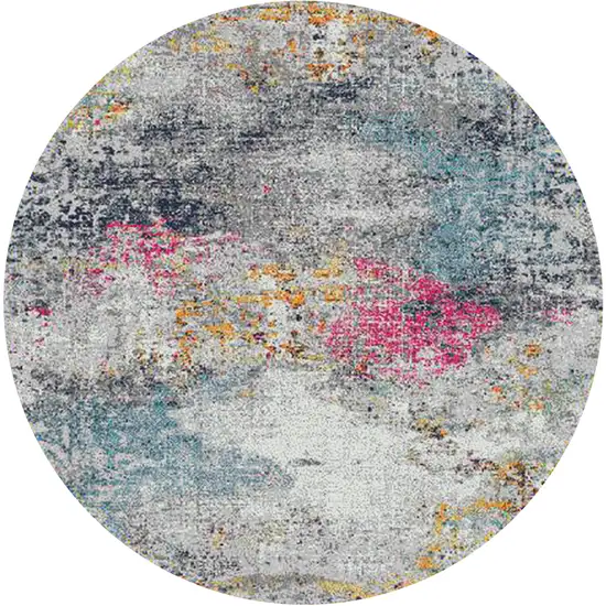 7' Blue and Pink Round Abstract Power Loom Area Rug Photo 1