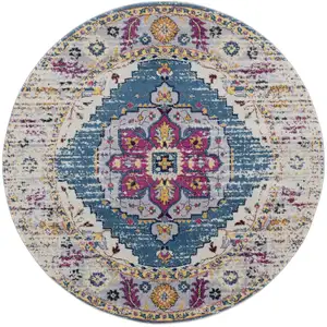 Photo of 6' Blue and Pink Round Medallion Power Loom Area Rug