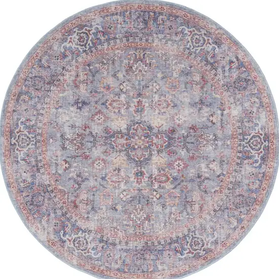 5' Blue and Purple Round Floral Power Loom Distressed Area Rug Photo 8