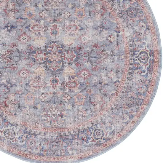 5' Blue and Purple Round Floral Power Loom Distressed Area Rug Photo 7