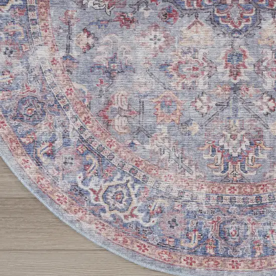 5' Blue and Purple Round Floral Power Loom Distressed Area Rug Photo 4