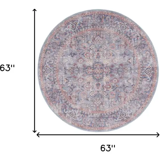 5' Blue and Purple Round Floral Power Loom Distressed Area Rug Photo 3