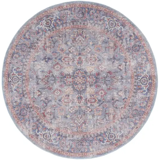 5' Blue and Purple Round Floral Power Loom Distressed Area Rug Photo 2