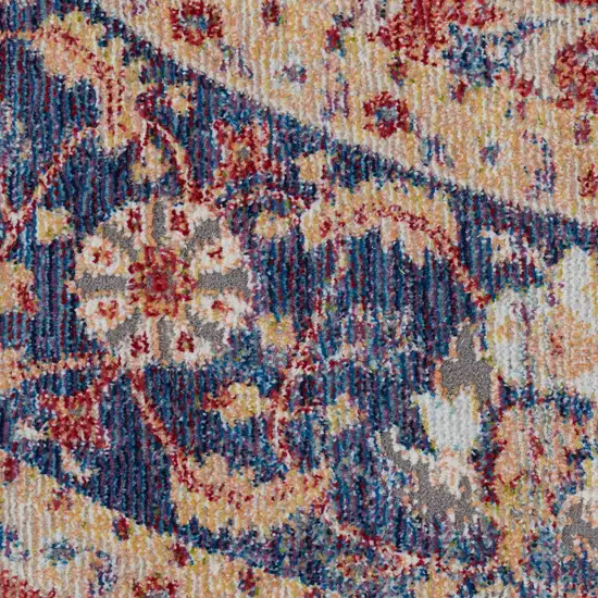 4' Blue and Red Floral Distressed Non Skid Round Rug Photo 5