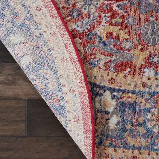 4' Blue and Red Floral Distressed Non Skid Round Rug Photo 6