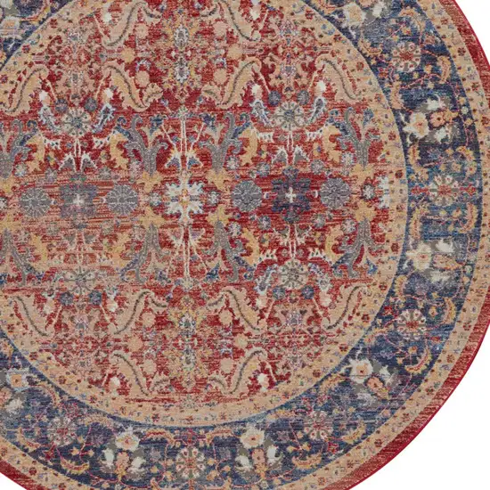 4' Blue and Red Floral Distressed Non Skid Round Rug Photo 8